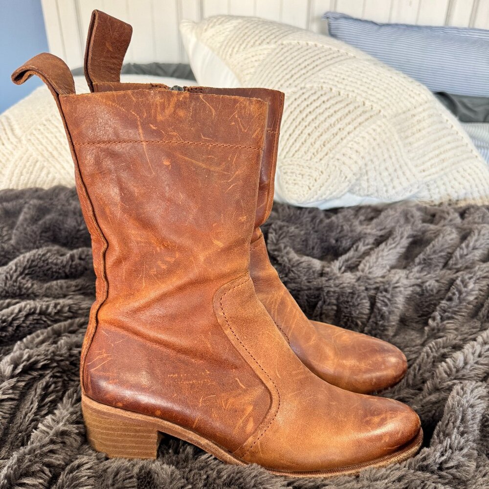Kork-Ease Brown Whiskey Leather Mid-Calf Boots Size 7 | Zip Up | Distressed